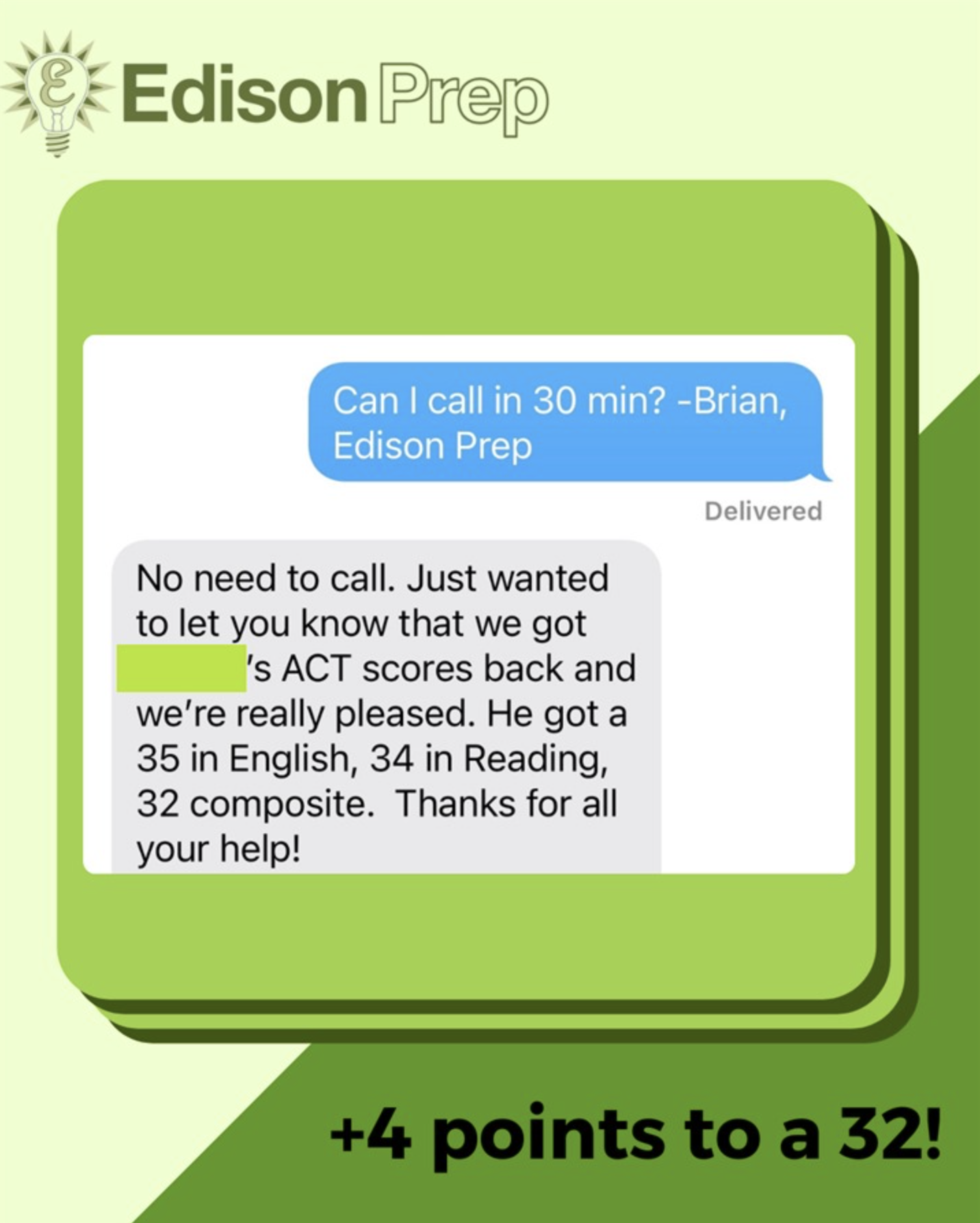 A testimonial graphic displaying a text message conversation where Brian from Edison Prep asks if he can call in 30 minutes. The reply indicates there's no need for a call and shares the exciting news of a student's ACT score improvement, with a 35 in English, 34 in Reading, and a composite of 32. At the bottom, a large plus sign and the numbers '4 points to a 32!' emphasize the score increase.