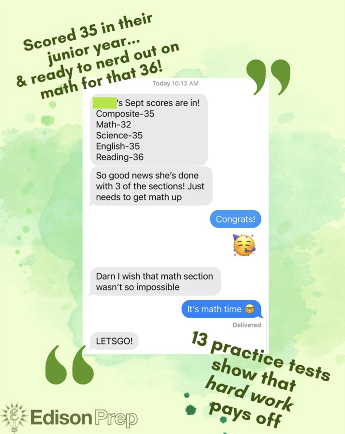 A celebratory graphic from Edison Prep with text message bubbles showing a student's impressive ACT scores: a composite of 35, with 32 in Math, 35 in Science, 35 in English, and 36 in Reading. The accompanying texts indicate the student is done with three sections and just needs to improve in Math. The response 'It's math time' and a motivational 'LETSGO!' indicate a positive and proactive attitude towards this challenge. The background features a green watercolor effect, and there's a footnote stating '13 practice tests show that hard work pays off', emphasizing the value of practice and determination.