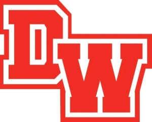 Logo for Deerfield-Windsor School featuring bold red letters 'D' and 'W' outlined in white with a layered, overlapping design, representing the school's initials in a striking and athletic style.